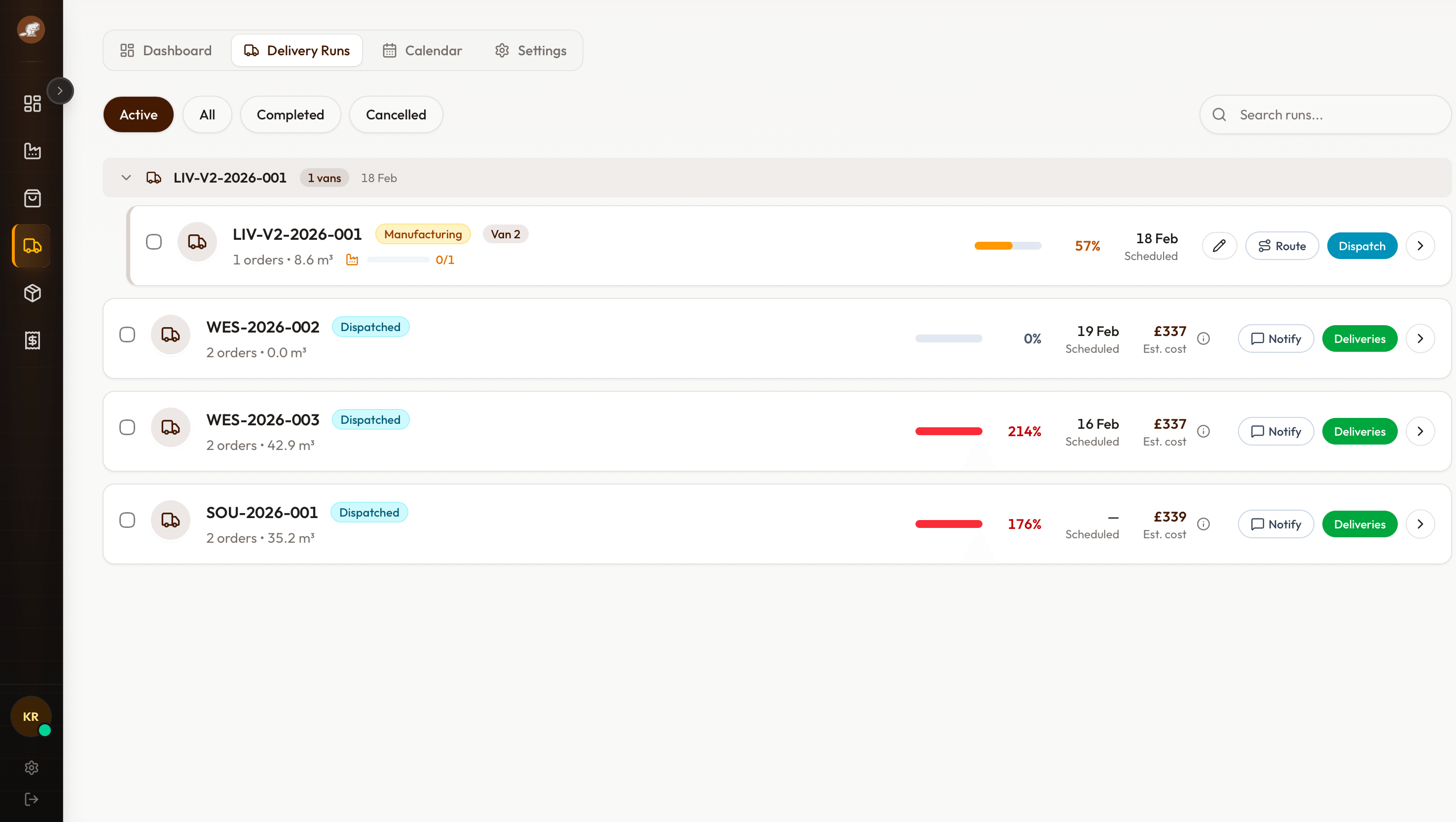 CutFlow transport runs view showing grouped deliveries organised into driver runs