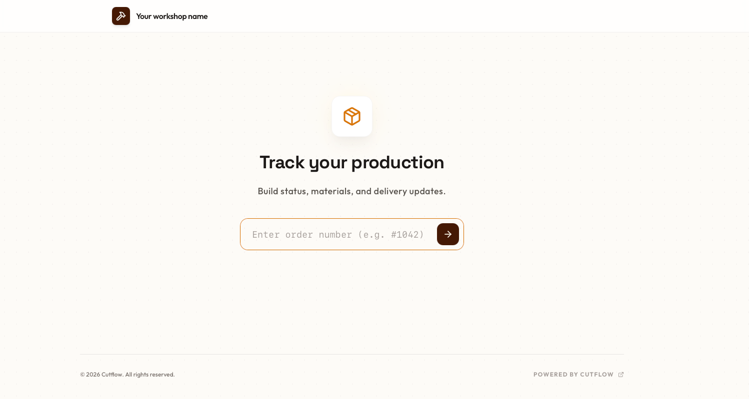 CutFlow customer tracking page showing order progress through production stages