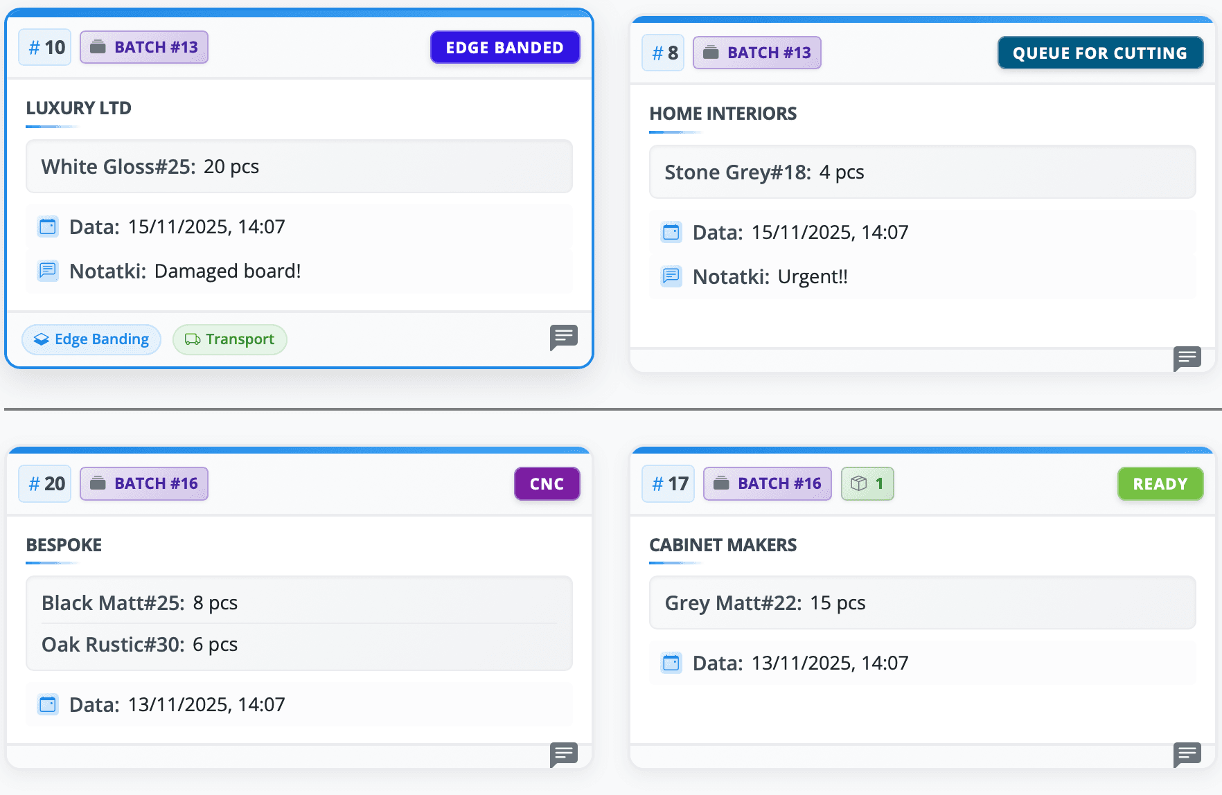Production panel showing order workflow