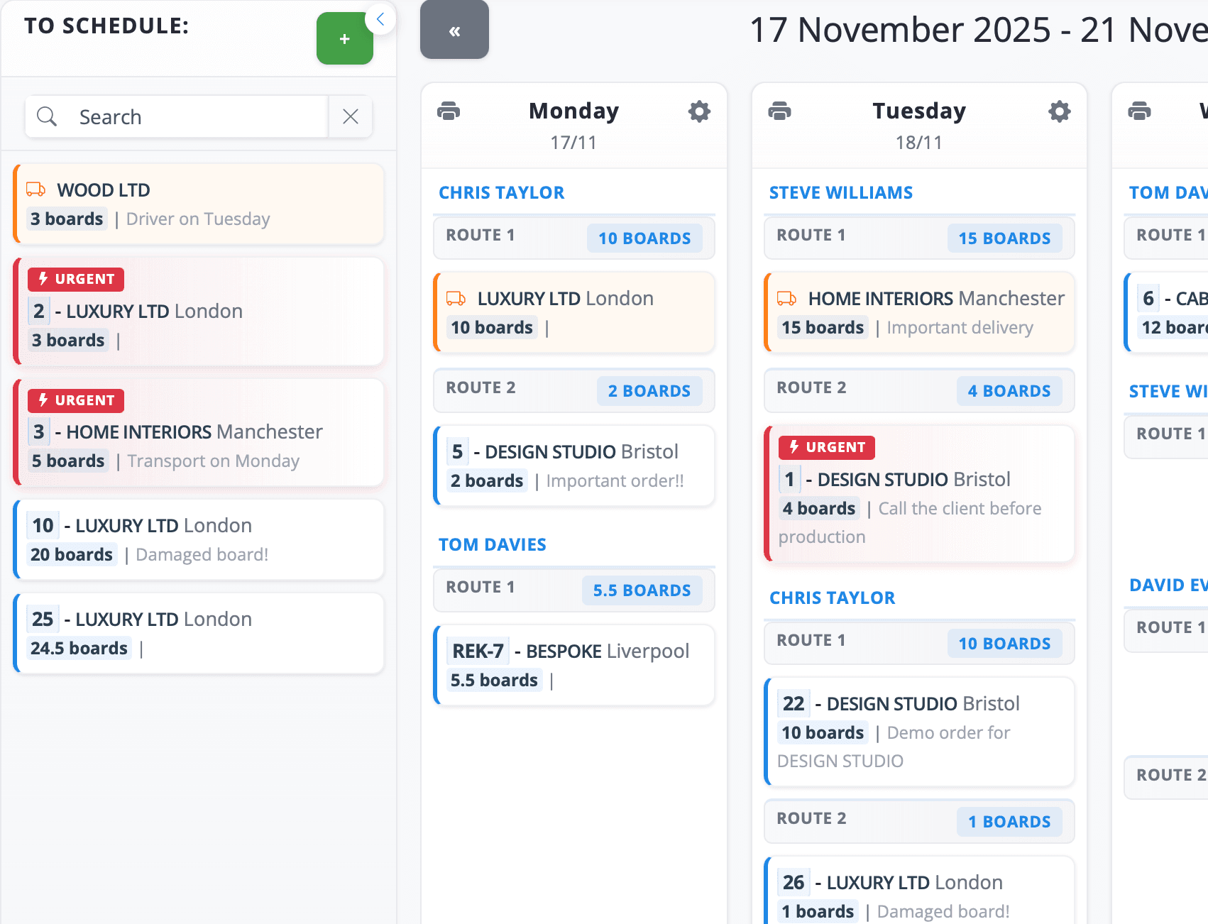 Transport scheduling calendar
